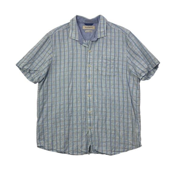 Tommy Bahama Shirt Mens XL Breeze Candy Blue Linen Blend Island Modern Fit Plaid - Picture 1 of 9